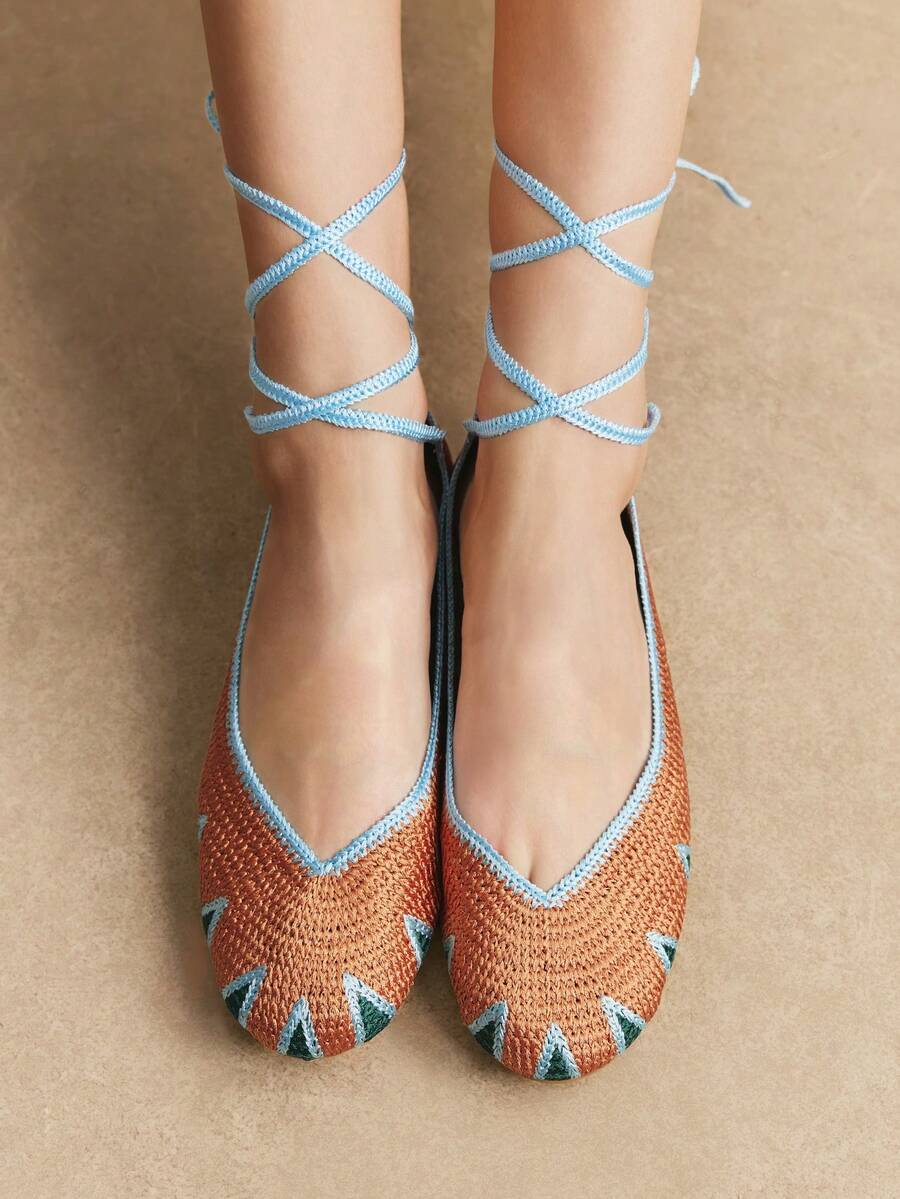 Rosivie Women's Crochet Effect Multi-Color Splicing Fashion Ankle Strap Round Toe Flat Shoes, Vacation Leisure Comfortable And Versatile - Camel - View 1