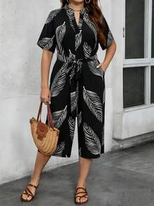 EMERY ROSE Mono informal y cómodo de talla grande con estampado de hojas aleatorio para mujeres - Negro - Ver 4