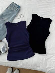 Tseoso 2pcs/Set Women Casual Minimalist Round Neck Tight Fitting Camisole, Suitable For Summer - Multicolor - View 8