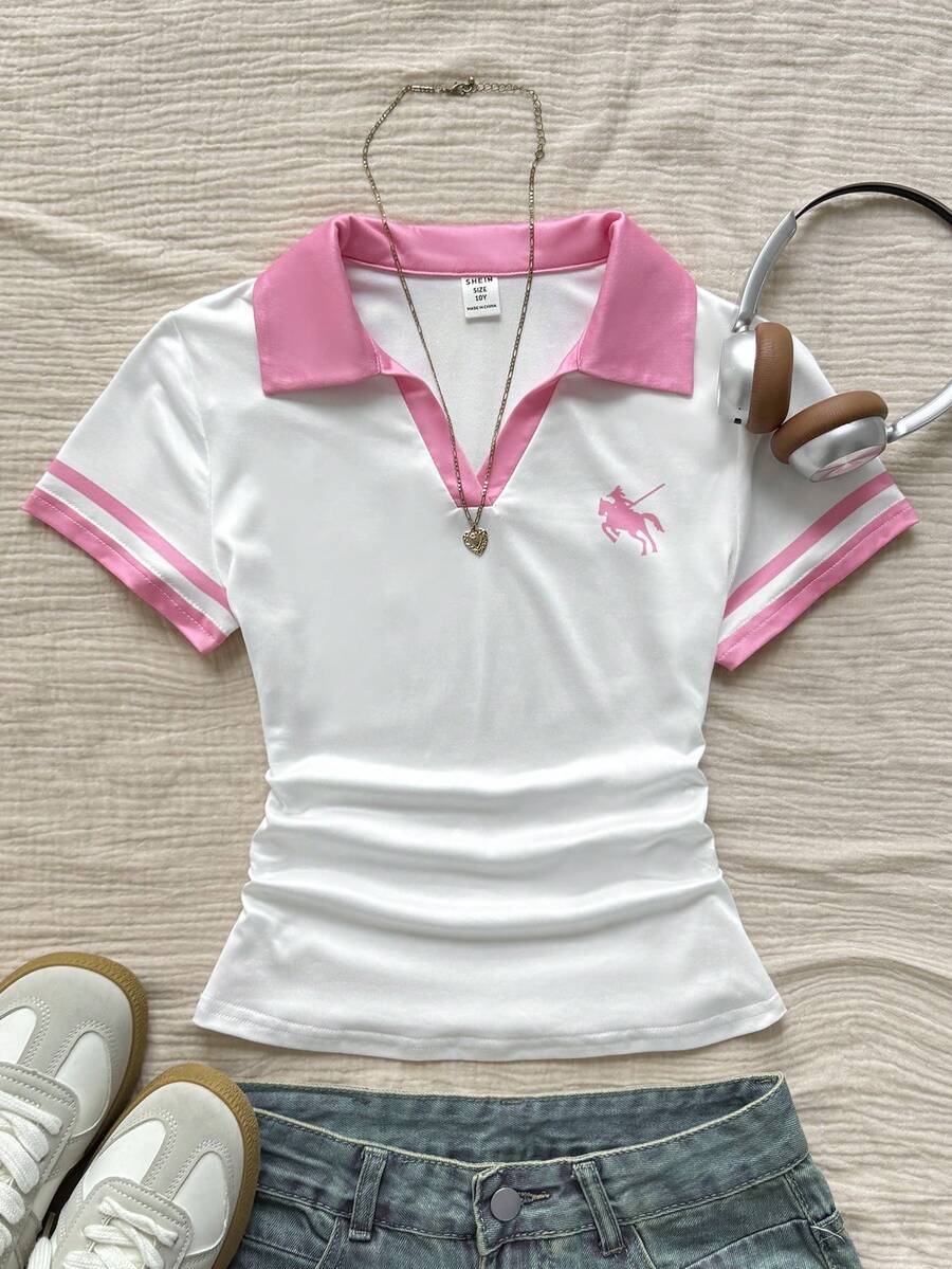 少女时尚休闲夏季Polo领针织撞色拼接修身白色T恤，饰有小logo图案