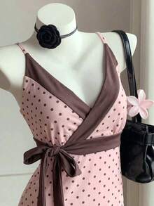 Comfortcana Áo hai dây buộc eo in chấm bi hồng dáng casual dành cho nữ, áo kiểu mùa hè. - Hồng - Xem 4