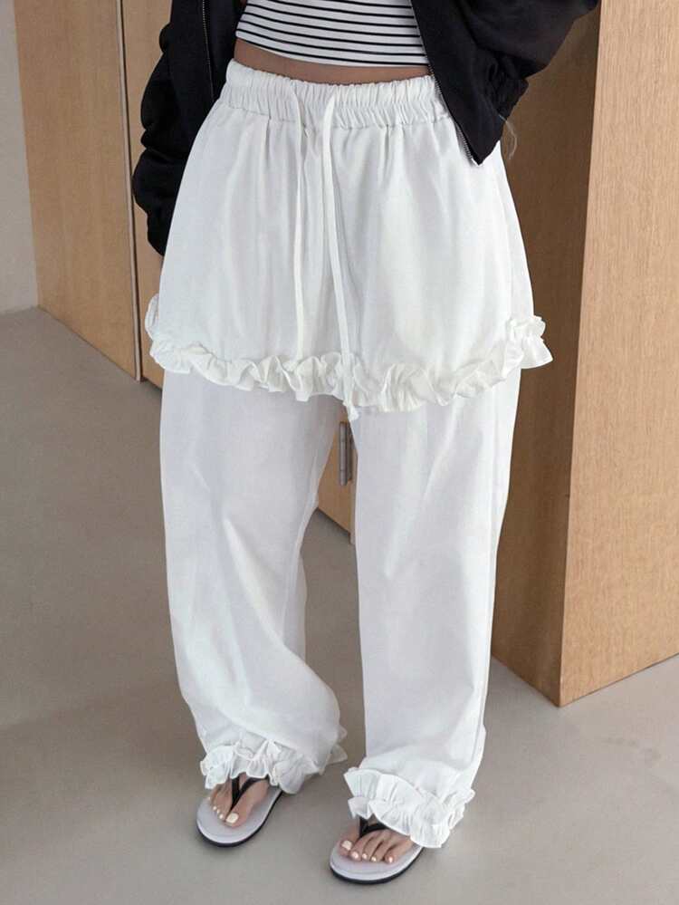 Women's Drawstring Waist Frill Trim Casual Versatile Daily Wear Pants