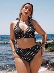 SHEIN BAE Plus Size White V-Neck Bikini Set, Fashionable For Summer Holiday Beach Beach Vacation Flapper 1920s Bathing Suits For Women - Multicolor - View 3