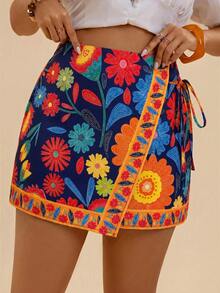 Travachic Plus Size Bohemian Casual Vacation Beach Shorts With Tie Decoration And Ruffle Hem For Women - Multicolor - View 6