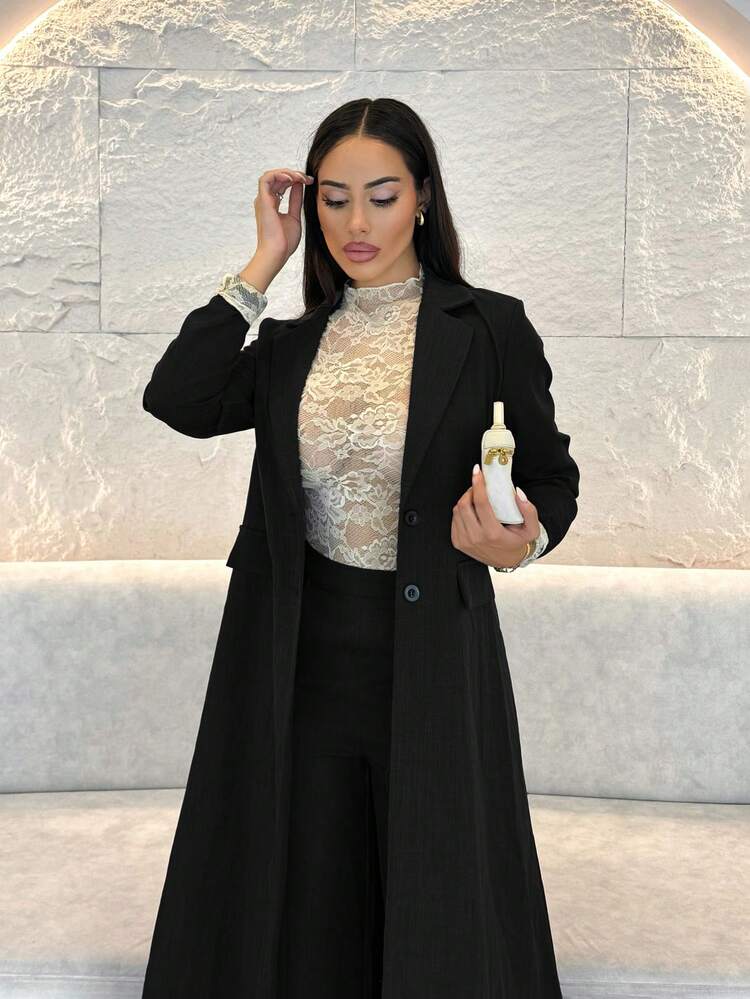 Shopreo 1pc Women Long Lapel Straight Shoulder Long Pants Suit Set, Deep Gray Fall Cloth For Women - Black - View 3