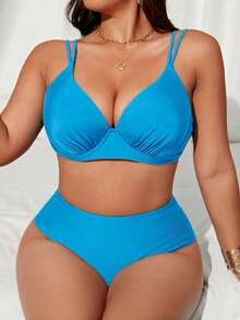 SHEIN Swim Curve 大码女式新款纯色硬杯钢圈高腰比基尼套装，可调节肩带，优雅时尚性感休闲度假沙滩泳装 - 水鴨藍 - 查看 4