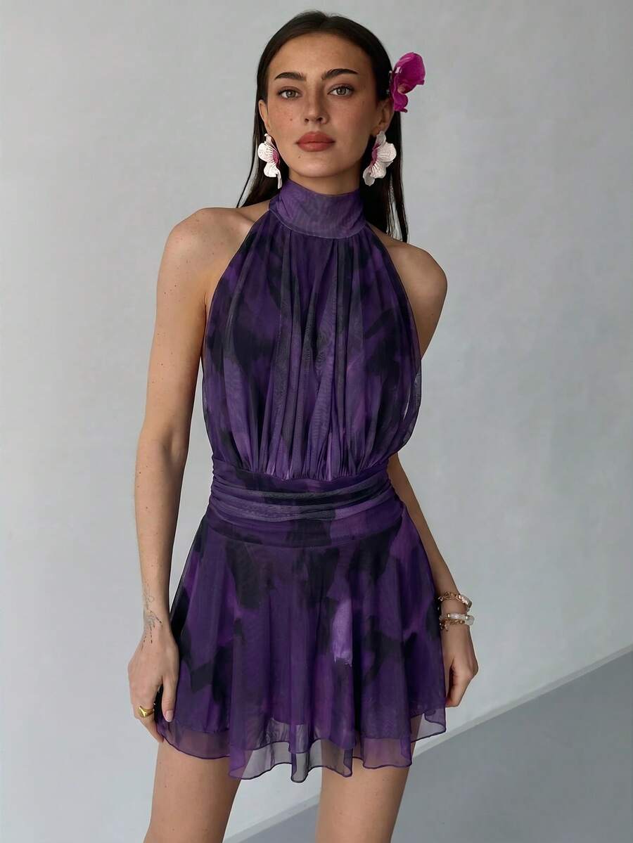 Aloruh New Spring/Summer Sleeveless Mock Neck Brush Stroke Print Mesh Ruched Tiered Hem Backless Mini Dress, Suitable For Holiday, Date, Afternoon Tea, Vacation, Music Festival, Boho - Purple - View 1