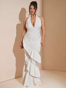 SHEIN BAE Damen Große Größen einfarbiges Neckholder-Rückenfreies Raffung Elegantes Taillenkleider für Partys - Weiss - Übersicht 2