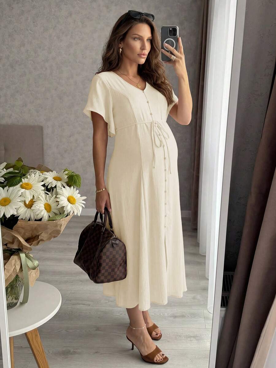 MaterniWear 孕婦夏季休閒優雅度假純色V領繫腰連身裙 拍照用 白色 - 杏色 - 查看 1