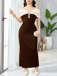 Feyla Gaun Panjang Elegan Wanita dengan Desain Bahu Terbuka Berkerut dan Hiasan Kristal, Warna Cokelat dan Krem Formal untuk Musim Panas - Coffee Brown - View 4