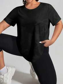 Easithlete Plus Size Women's Solid Color Round Neck Casual Versatile Daily & Sports T-Shirt - Black - View 4