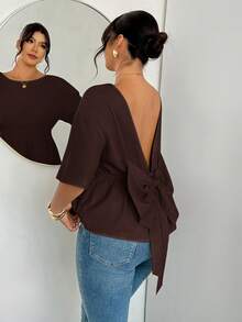 Firerie Blusa de moda con lazo decorativo en la espalda, unicolor, talla grande para mujer - Café integral - Ver 2