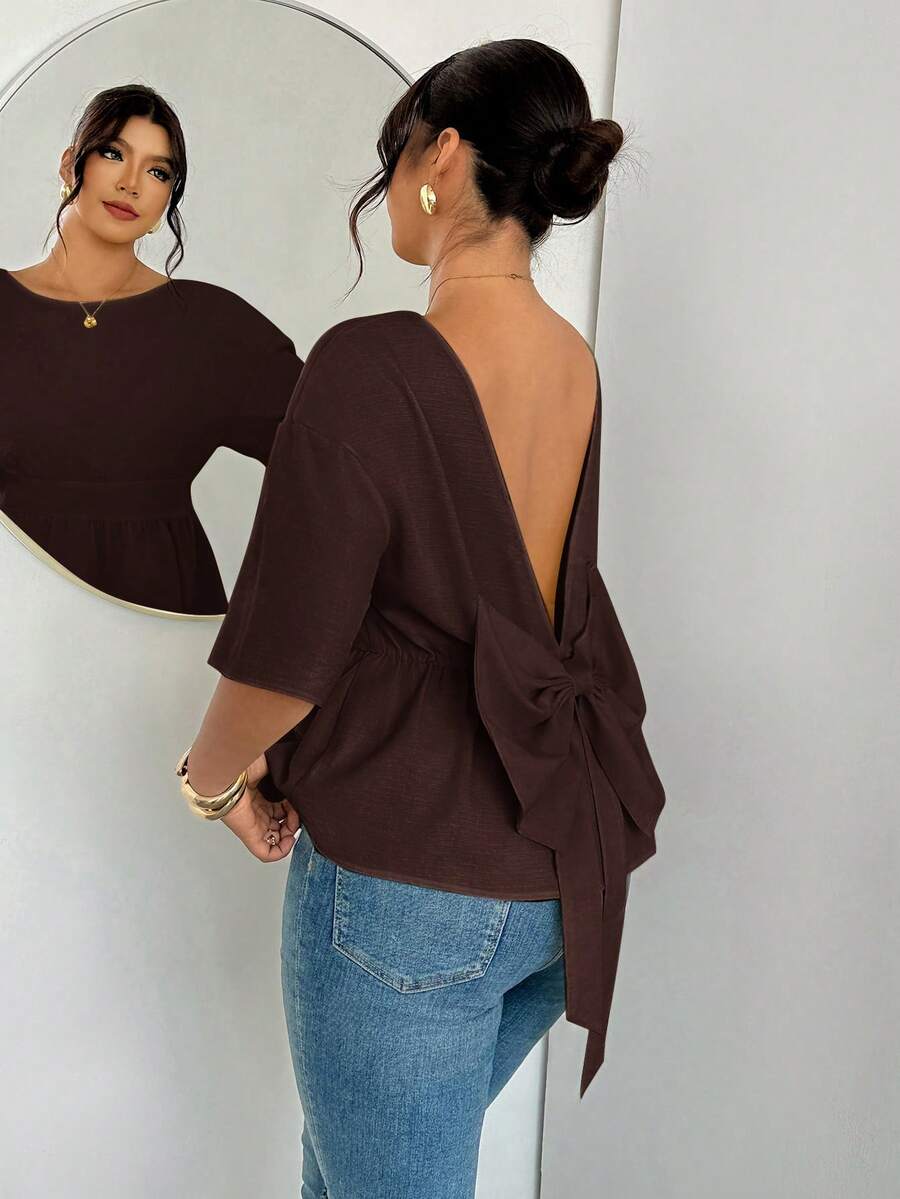 Firerie Blusa de moda con lazo decorativo en la espalda, unicolor, talla grande para mujer