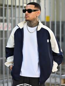 Devon Thys Men's Long Sleeve Retro Color Block Mock Neck Jacket, Collegiate Style Casual Outerwear, Minimalist Essential , Fall - Blue - View 1