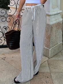 SHEIN X ITS MICH Livesso Casual Loose Women's Striped Straight Trousers With Waist Tie Fall - Black and White - View 5