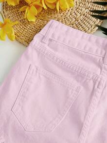 SHEIN Essnce Women's Casual Frayed Hem Denim Shorts With Pockets - Pink - View 4
