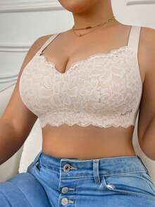 SHEIN Thin Full Coverage Lace Adjustable Lift & Support Wireless Bra, Comfortable Minimalist Plus Size Lingerie - Apricot - View 8