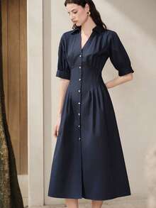 Aveloria Modichic New Commuting Elegant Mandarin Collar Petal Sleeve Silk-Like Midi Shirt Dress - Navy Blue - View 4