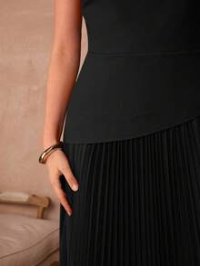 Enchnt Damen Einfarbiges Asymmetrisches Schulter Plissee Saum Elegantes Kleid - Schwarz - Übersicht 4