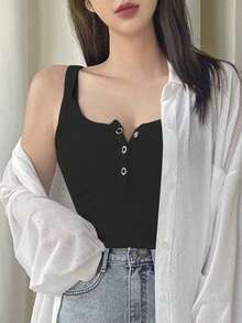 Joudiya Women's Button-Up V-Neck Summer Sleeveless Top, Fashionable And Versatile Tank Tops School - Black - View 3