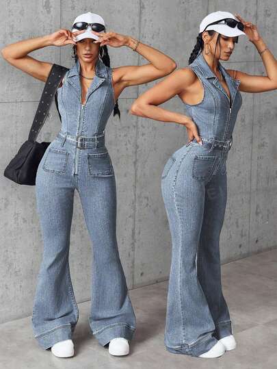 SHEIN ICON Women's Solid Color Minimalist Casual Sleeveless Denim Bib Pants Denim Jumpsuit Women
