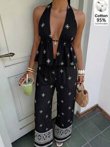 SHEIN EZwear 黑色碎花编织女士浪漫套装 - 黑色 - 查看 3