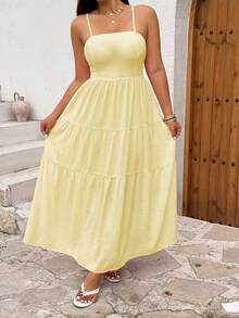 Sunnyshic Plus Size Sleeveless Summer Square Neck Minimalist Design Dress - Pale Yellow - View 7