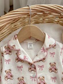 Baby Girls' Casual Bear & Bow Print Long Sleeve Pajama Set - Pink - View 4