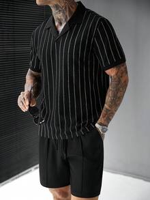SLATEMANN 男士夏季休闲度假通勤撞色条纹印花短袖Polo衫和短裤套装 - 黑色 - 查看 5