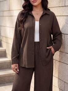 SHEIN Lady CURVE Western Style Beach Vacation Solid Color Denim Effect Linen Loose Casual Plus Size Women 2 Pieces Set, Spring/Autumn Lounge Sets For Women - Coffee Brown - View 4