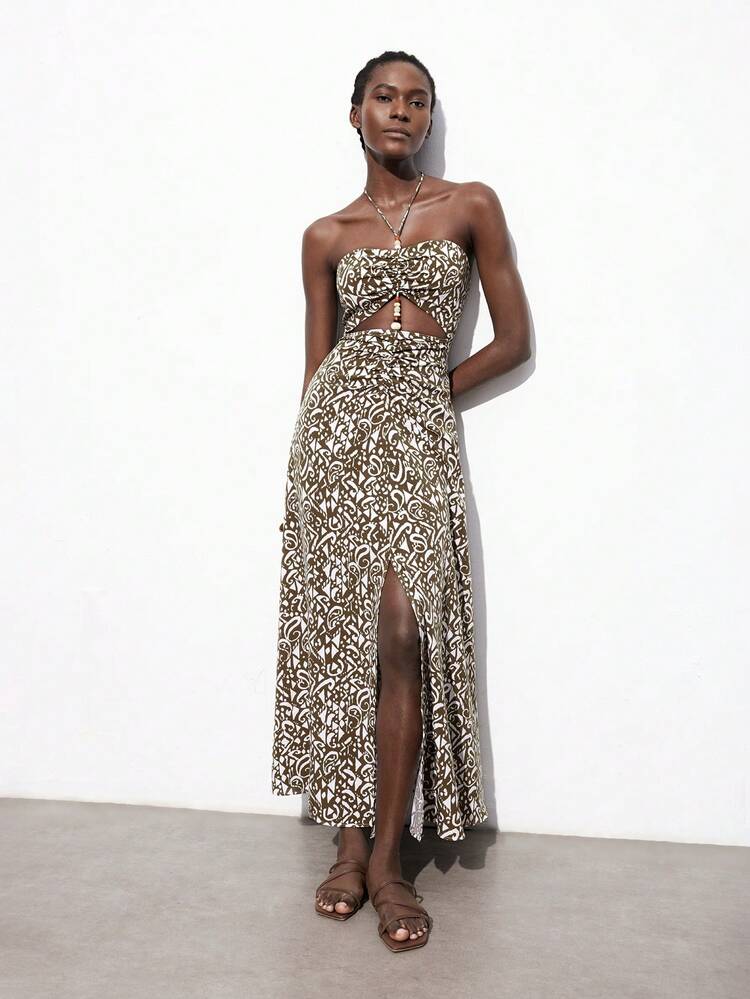 SHEIN Maija 2025 Frühling/Sommer Frühherbst Unabhängigkeitstag Juli Outfit Damen Muster Dekor Weiß & Kaffee Perlen Anhänger Ausschnitt Taille Volant Kleid, Lehrer Sommer Outfit Leoprint Kleid