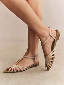 Rosivie Giày sandal đế bằng mũi nhọn màu hồng dành cho nữ, thiết kế quai chữ T rỗng, gót thấp thoải mái, kiểu dáng retro mùa hè, thích hợp đi biển hoặc đi làm. - Bột nhung - Xem 10