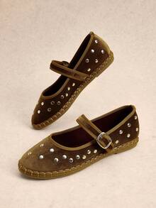 Rosivie Ladies Vintage Rivet Suede Mary Jane Flats - Camel - View 13