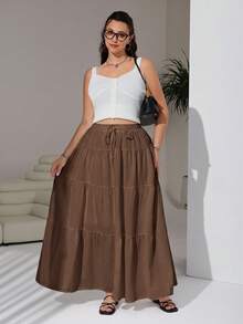 SHEIN EZwear Rok Wanita Ukuran Besar Kasual, Liburan, Sehari-hari, Perjalanan, Warna Polos, Pinggang Bertali, Hem Bertingkat, Musim Semi/Panas/Gugur - Coklat - View 4