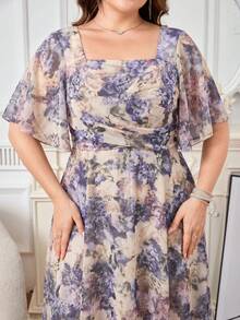 SHEIN Clasi 大码女式碎花荷叶袖优雅连衣裙 - 紫色 - 查看 3