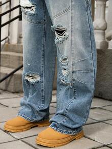 GALLERY FADE Jeans anchos y sueltos con lavado desgastado de moda callejera para hombres - Lavado ligero - Ver 5