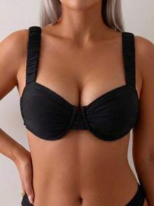 Swim Mod Plus Size Women's Solid Color Sweet Girly Style Tie Back Bikini Top - Black - View 1