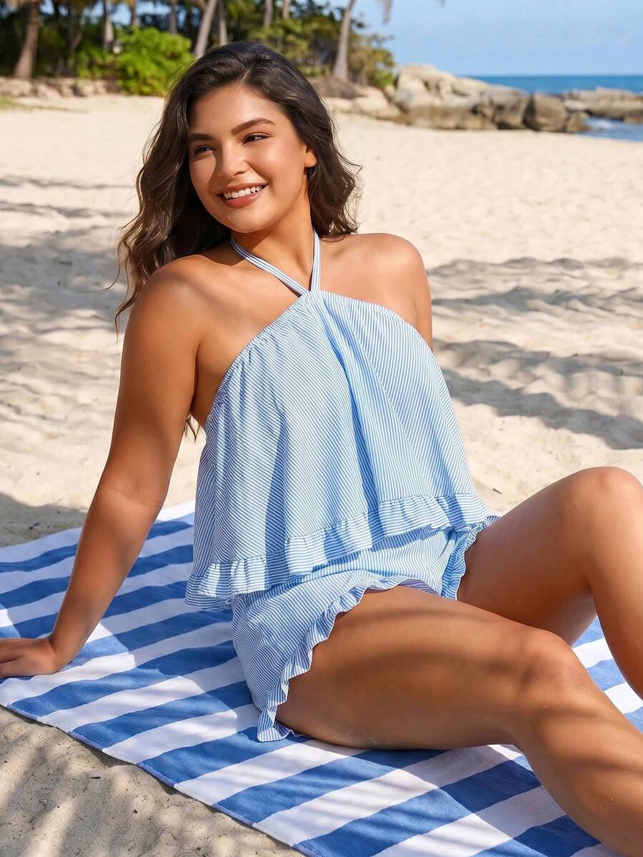 Swim Lushoire 2pcs/Set Plus Size Women Halter Ruffled Hem Tankini Top And Shorts Beach Vacation Cover Up Set Baby Blue Summer - Multicolor - View 1