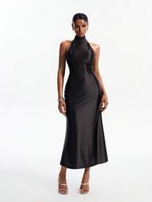 Livesso Vestido feminino de comprimento médio, primavera-verão, preto, para Dia de São Valentim, casamento, banquete, baile, gala, festa, moda, elegante, com atacadores, laço e bainha larga, para uso diário - Preto - Ver 3