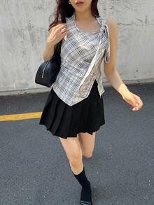 DAZY Women's Summer Collegiate Style Solid Color Minimalist Pleated Skirt - Black - View 7