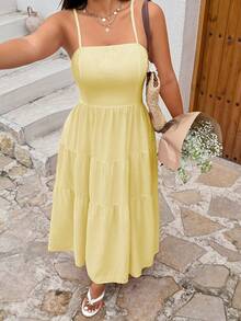 Sunnyshic Plus Size Sleeveless Summer Square Neck Minimalist Design Dress - Pale Yellow - View 6