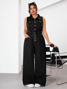 SHEIN EZwear 大码女式纽扣口袋时尚百搭宽松牛仔连体裤 - 黑色 - 查看 1