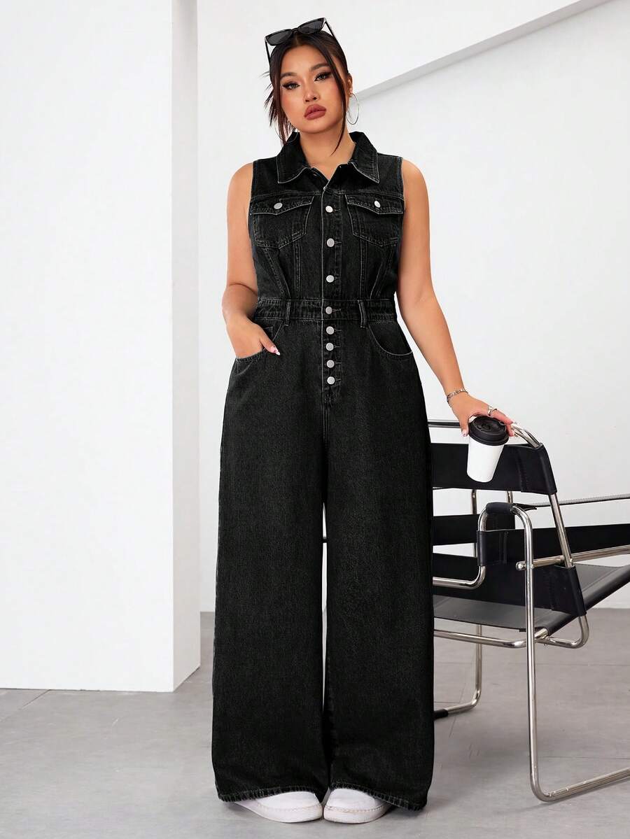 SHEIN EZwear 大码女式纽扣口袋时尚百搭宽松牛仔连体裤 - 黑色 - 查看 1