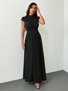 SHEIN Tall Women's Solid Color Stand Collar Puffed Sleeve Pleated Long Casual Dress, Summer Brown Dress,Dresses For Women Summer, Tall Women - Black - View 7