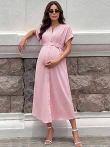 MaterniWear Đầm casual tay cánh dơi cổ chữ V cài cúc phía trước dành cho bà bầu, thích hợp mặc hàng ngày, mùa hè. - Hồng - Xem 2