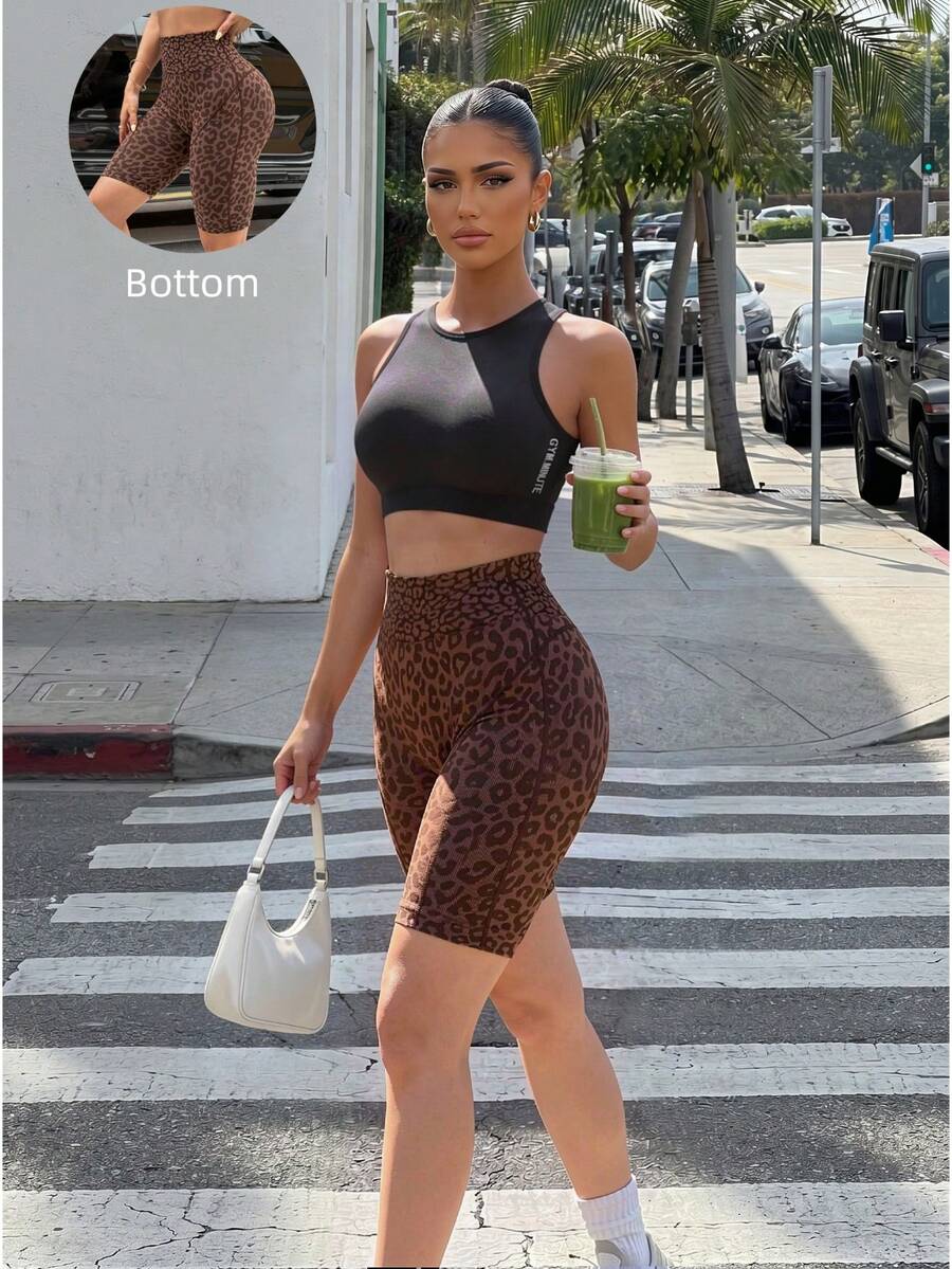 Sirith 1 pièce Short de sport sexy sans couture pour femmes avec imprimé léopard 3D et lignes. Idéal pour la course, le fitness, le yoga, le cyclisme. Short de cycliste marron à imprimé animal pour femmes. Short de sport taille haute pour femmes - Marron - Voir 1