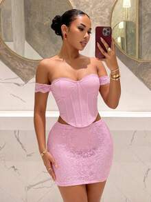 Slaydiva New Summer Sexy Sweet Bombshell Party Club Valentine's Day Date Lace Bustier Mini Dress - Pink - View 2