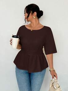 Firerie Blusa de moda con lazo decorativo en la espalda, unicolor, talla grande para mujer - Café integral - Ver 6