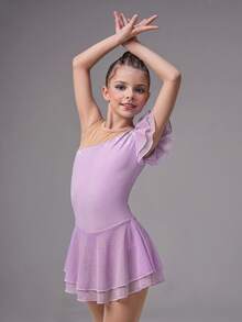 SHEIN Young Girls' Figure Skating Dress, Lightweight Shimmery Rhinestone Decor, Lavender Color, Stretchy Fabric, One Shoulder Mesh Accent, Elegant & Refreshing, Suitable For Team Competitions And Daily Practice - Blue - View 3