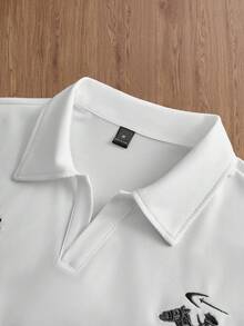 TOKVUE 男士白色夏季街頭風 3D 金色刺繡圖案 Polo 衫，畢業返校季，時尚高端戶外音樂節穿搭 - 白色 - 查看 5